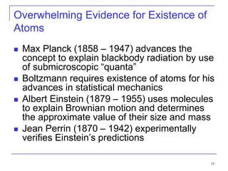 33
Overwhelming Evidence for Existence of
Atoms
 Max Planck (1858 – 1947) advances the
concept to explain blackbody radiation by use
of submicroscopic “quanta”
 Boltzmann requires existence of atoms for his
advances in statistical mechanics
 Albert Einstein (1879 – 1955) uses molecules
to explain Brownian motion and determines
the approximate value of their size and mass
 Jean Perrin (1870 – 1942) experimentally
verifies Einstein’s predictions
 