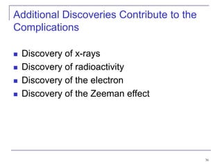 36
Additional Discoveries Contribute to the
Complications
 Discovery of x-rays
 Discovery of radioactivity
 Discovery of the electron
 Discovery of the Zeeman effect
 