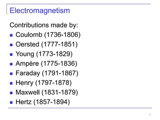 7
Electromagnetism
Contributions made by:
 Coulomb (1736-1806)
 Oersted (1777-1851)
 Young (1773-1829)
 Ampère (1775-1836)
 Faraday (1791-1867)
 Henry (1797-1878)
 Maxwell (1831-1879)
 Hertz (1857-1894)
 