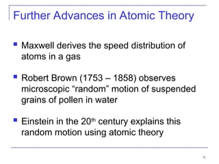 31
Further Advances in Atomic Theory
 Maxwell derives the speed distribution of
atoms in a gas
 Robert Brown (1753 – 1858) observes
microscopic “random” motion of suspended
grains of pollen in water
 Einstein in the 20th
century explains this
random motion using atomic theory
 