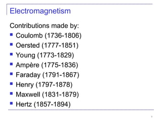 7
Electromagnetism
Contributions made by:
 Coulomb (1736-1806)
 Oersted (1777-1851)
 Young (1773-1829)
 Ampère (1775-1836)
 Faraday (1791-1867)
 Henry (1797-1878)
 Maxwell (1831-1879)
 Hertz (1857-1894)
 