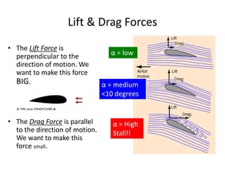 Lift & Drag Forces
• The Lift Force is
perpendicular to the
direction of motion. We
want to make this force
BIG.
• The Drag Force is parallel
to the direction of motion.
We want to make this
force small.
α = low
α = medium
<10 degrees
α = High
Stall!!
 