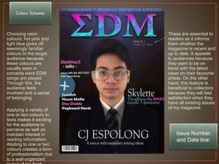 Issue Number
and Date line:
Choosing neon
colours: hot pink and
light blue gives off
seemingly familiar
colours to the target
audience because
these colours are
usually seen in
concerts were EDM
songs are played.
Through this, the
audience feels
involved and a sense
of belonging.
Applying a variety of
one or two colours to
texts makes it exciting
for the audience to
perceive as well as
maintain interest in
reading information.
Abiding to one or two
colours creates a form
of professionalism due
to a well-organized
These are essential to
readers as it informs
them whether the
magazine is recent and
up to date. It appeals
to audiences because
they want to be on
trend with the latest
news on their favourite
artists. On the other
hand, this feature is
beneficial to collectors
because they will feel
satisfaction when they
have all existing issues
of my magazine.
 