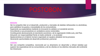 POSTOBON
MISION
Ser la compañía líder en el desarrollo, producción y mercadeo de bebidas refrescantes no alcohólicas,
para satisfacer los gustos y necesidades de los consumidores.
Superando sus expectativas mediante la innovación la calidad y un excelente servicio.
Convirtiendo a sus proveedores en verdaderos socios comerciales.
Contribuyendo decisivamente al crecimiento económico, de la organización Ardila Lule y del País.
Actuando con responsabilidad frente al medio ambiente y la sociedad.
Apalancándose en el talento humano organizado en equipos alrededor de los procesos.
Generando oportunidades de desarrollo profesional y personal.
VISION
Ser una compañía competitiva, reconocida por su dinamismo en desarrollar y ofrecer bebidas que
superen las expectativas de los consumidores y de los clientes en los distintos mercados del continente
Sur Americano.
 