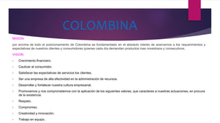 COLOMBINA
MISION
por encima de todo el posicionamiento de Colombina se fundamentado en el absoluto interés de acercarnos a los requerimientos y
expectativas de nuestros clientes y consumidores quienes cada día demandan productos mas novedosos y consecutivos.
VISION
• Crecimiento financiero.
• Cautivar al consumidor.
• Satisfacer las expectativas de servicios los clientes.
• Ser una empresa de alta efectividad en la administración de recursos.
• Desarrollar y fortalecer nuestra cultura empresarial.
• Promovemos y nos comprometemos con la aplicación de los siguientes valores, que caracteres a nuestras actuaciones, en procura
de la existencia:
• Respeto.
• Compromiso.
• Creatividad y innovación.
• Trabajo en equipo.
 