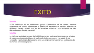 EXITO
MISION
Es la satisfacción de las necesidades, gustos y preferencias de los clientes, mediante
experiencias de compra memorables y garantía de excelencia en servicio, selección de
productos, calidad y precio, todo ello en ambientes modernos y con propuestas de valor
diferenciadas por formato comercial.
VISION
La visión del grupo éxito es para el año 2015 cautivar por encima de la competencia, la lealtad
de los consumidores colombianos, la preferencia de los proveedores y el orgullo de los
empleados y accionistas". Consolidarse como una empresa internacional con participación de
las marcas comerciales propias.
 