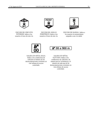 17 de Agosto de 2015 GACETA OFICIAL DEL DISTRITO FEDERAL 79
ESCUDO DE CIRCUITO
INTERIOR: Indica a los
usuarios el trazo de esta vía.
ESCUDO DE ANILLO
PERIFÉRICO: Indica a los
usuarios el trazo de esta vía.
ESCUDO DE RADIAL: Indica a
los usuarios la nomenclatura
asignada a una vía radial.
SALIDA EN SEÑAL BAJA:
Indica a los conductores de
vehículos el número de las
desincorporaciones existentes en
vías urbanas de acceso
controlado.
SALIDA EN SEÑAL
ELEVADA: Indica a los
conductores de vehículos, de
manera previa, la distancia y el
número de cada una de las
desincorporaciones existentes en
vías urbanas de acceso
controlado.
 