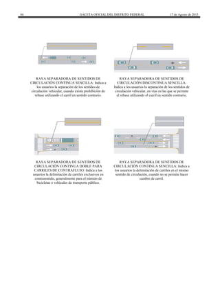 86 GACETA OFICIAL DEL DISTRITO FEDERAL 17 de Agosto de 2015
RAYA SEPARADORA DE SENTIDOS DE
CIRCULACIÓN CONTINUA SENCILLA: Indica a
los usuarios la separación de los sentidos de
circulación vehicular, cuando existe prohibición de
rebase utilizando el carril en sentido contrario.
RAYA SEPARADORA DE SENTIDOS DE
CIRCULACIÓN DISCONTINUA SENCILLA:
Indica a los usuarios la separación de los sentidos de
circulación vehicular, en vías en las que se permite
el rebase utilizando el carril en sentido contrario.
BUS
SOLO
RAYA SEPARADORA DE SENTIDOS DE
CIRCULACIÓN CONTINUA DOBLE PARA
CARRILES DE CONTRAFLUJO: Indica a los
usuarios la delimitación de carriles exclusivos en
contrasentido, generalmente para el tránsito de
bicicletas o vehículos de transporte público.
RAYA SEPARADORA DE SENTIDOS DE
CIRCULACIÓN CONTINUA SENCILLA: Indica a
los usuarios la delimitación de carriles en el mismo
sentido de circulación, cuando no se permite hacer
cambio de carril.
 