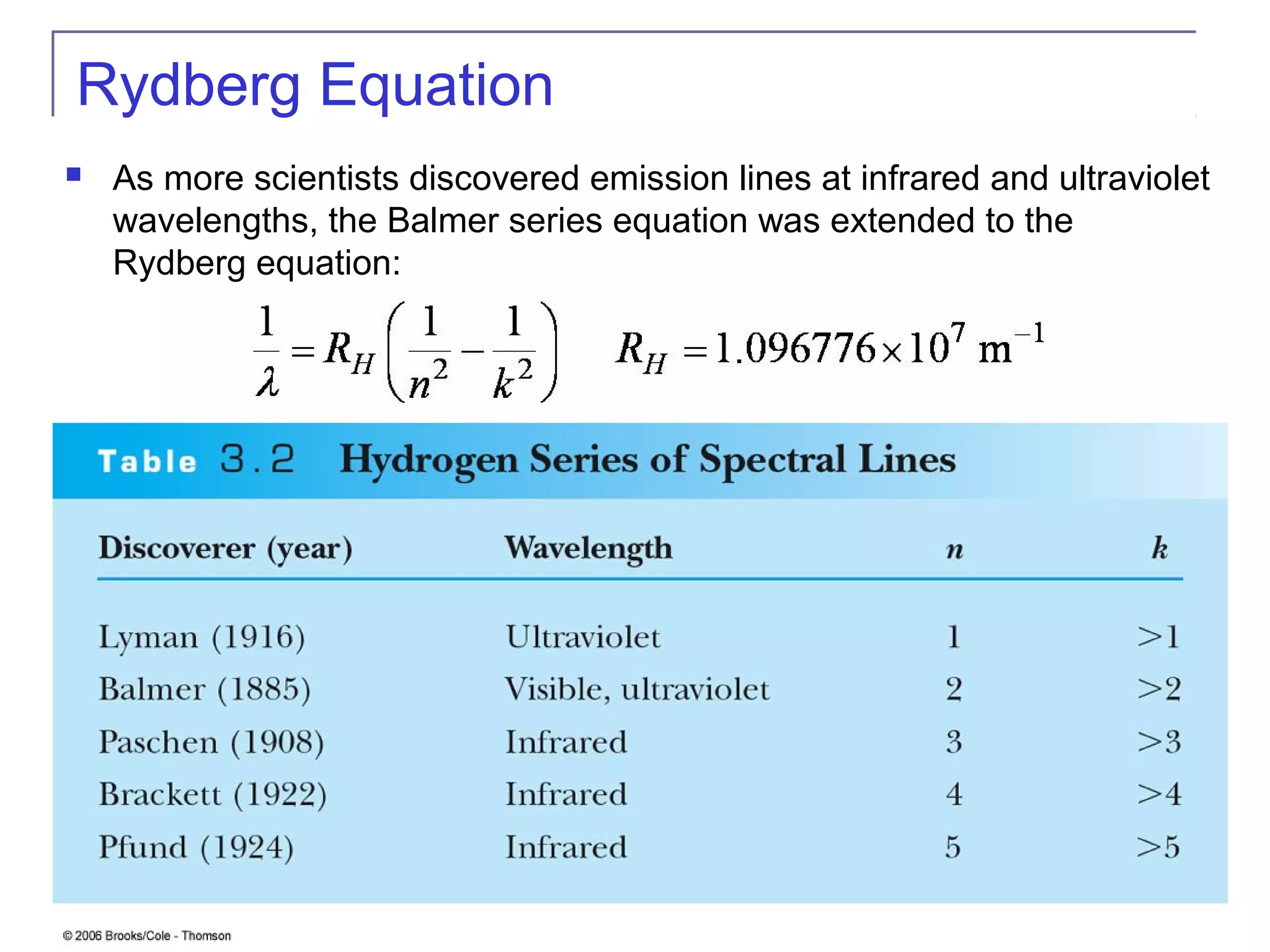 14
Rydberg Equation
 As more scientists discovered emission lines at infrared and ultraviolet
wavelengths, the Balmer series equation was extended to the
Rydberg equation:
 