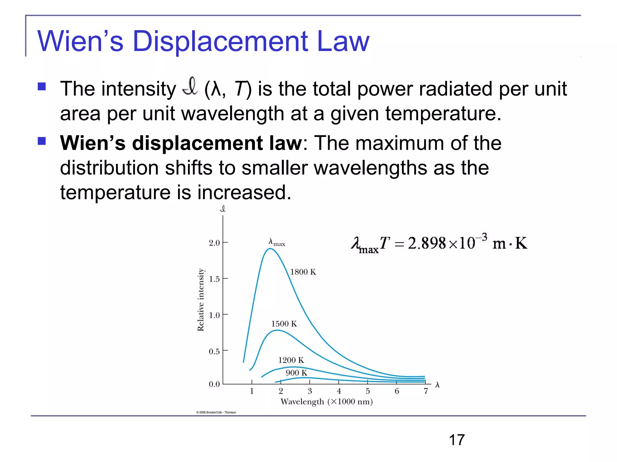 17
Wien’s Displacement Law
 The intensity (λ, T) is the total power radiated per unit
area per unit wavelength at a given temperature.
 Wien’s displacement law: The maximum of the
distribution shifts to smaller wavelengths as the
temperature is increased.
 