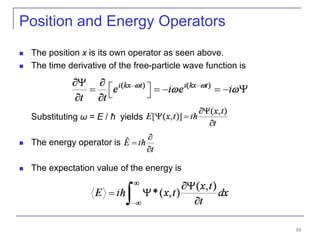10
 The position x is its own operator as seen above.
 The time derivative of the free-particle wave function is
Substituting ω = E / ħ yields
 The energy operator is
 The expectation value of the energy is
Position and Energy Operators
 
