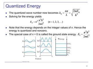 19
Quantized Energy
 The quantized wave number now becomes
 Solving for the energy yields
 Note that the energy depends on the integer values of n. Hence the
energy is quantized and nonzero.
 The special case of n = 0 is called the ground state energy.
 