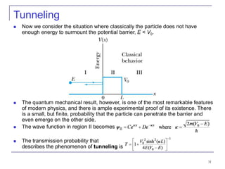 31
Tunneling
 Now we consider the situation where classically the particle does not have
enough energy to surmount the potential barrier, E < V0.
 The quantum mechanical result, however, is one of the most remarkable features
of modern physics, and there is ample experimental proof of its existence. There
is a small, but finite, probability that the particle can penetrate the barrier and
even emerge on the other side.
 The wave function in region II becomes
 The transmission probability that
describes the phenomenon of tunneling is
 