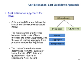 Cost Estimation: Cost Breakdown Approach
• Cost estimation approach for
Iowa
– Chip seal and Otta seal follows the
similar work breakdown structure
(WBS)
– The main sources of difference
between initial costs of both
methods are binder, aggregate, and
the cost of hauling aggregate from
producer companies to jobsites
– The costs of these items were
determined from U.S. Bureau of
Labor Statistics (BLS) data and
quarterly cost reports in
Engineering News Record 14
Life-cycle cost
Initial cost Future costs
Binder
Aggregate
Transportation
 