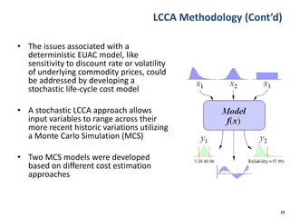 LCCA Methodology (Cont’d)
• The issues associated with a
deterministic EUAC model, like
sensitivity to discount rate or volatility
of underlying commodity prices, could
be addressed by developing a
stochastic life-cycle cost model
• A stochastic LCCA approach allows
input variables to range across their
more recent historic variations utilizing
a Monte Carlo Simulation (MCS)
• Two MCS models were developed
based on different cost estimation
approaches
23
 