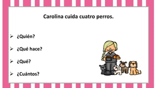 Carolina cuida cuatro perros.
 ¿Quién?
 ¿Qué hace?
 ¿Qué?
 ¿Cuántos?
 