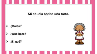 Mi abuela cocina una tarta.
 ¿Quién?
 ¿Qué hace?
 ¿El qué?
 