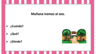 Mañana iremos al zoo.
 ¿Cuándo?
 ¿Qué?
 ¿Dónde?
 