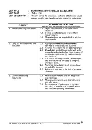 ___________________________________________________________________________________
TR - COMPUTER HARDWARE SERVICING NC II Promulgated March 2005
24
UNIT TITLE : PERFORM MENSURATION AND CALCULATION
UNIT CODE : ELC311201
UNIT DESCRIPTOR : This unit covers the knowledge, skills and attitudes and values
needed identify, care, handle and use measuring instruments
ELEMENT PERFORMANCE CRITERIA
Italicized terms are elaborated in the Range of Variables
1. Select measuring instruments 1.1. Object or component to be measured is
identified
1.2. Correct specifications are obtained from
relevant source
1.3. Measuring tools are selected in line with job
requirements
2. Carry out measurements and
calculation
2.1. Appropriate measuring instrument is
selected to achieve required outcome
2.2. Accurate measurements are obtained for job
2.3. Calculation needed to complete work tasks
are performed using the four basic process of
addition (+), subtraction (-), multiplication (x),
and division (/)
2.4. Calculation involving fractions, percentages
and mixed numbers are used to complete
workplace tasks.
2.5. Numerical computation is self-checked and
corrected for accuracy
2.6. Instruments are read to the limit of accuracy
of the tool.
3. Maintain measuring
instruments
3.1. Measuring instruments are not dropped to
avoid damage
3.2. Measuring instruments are cleaned before
and after using.
3.3. Proper storage of instruments undertaken
according to manufacturer’s specifications
and standard operating procedures.
 