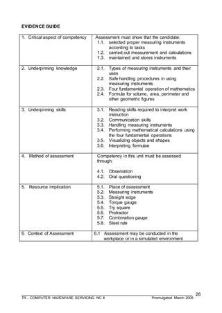 ___________________________________________________________________________________
TR - COMPUTER HARDWARE SERVICING NC II Promulgated March 2005
26
EVIDENCE GUIDE
1. Critical aspect of competency Assessment must show that the candidate:
1.1. selected proper measuring instruments
according to tasks
1.2. carried out measurement and calculations
1.3. maintained and stores instruments
2. Underpinning knowledge 2.1. Types of measuring instruments and their
uses
2.2. Safe handling procedures in using
measuring instruments
2.3. Four fundamental operation of mathematics
2.4. Formula for volume, area, perimeter and
other geometric figures
3. Underpinning skills 3.1. Reading skills required to interpret work
instruction
3.2. Communication skills
3.3. Handling measuring instruments
3.4. Performing mathematical calculations using
the four fundamental operations
3.5. Visualizing objects and shapes
3.6. Interpreting formulae
4. Method of assessment Competency in this unit must be assessed
through:
4.1. Observation
4.2. Oral questioning
5. Resource implication 5.1. Place of assessment
5.2. Measuring instruments
5.3. Straight edge
5.4. Torque gauge
5.5. Try square
5.6. Protractor
5.7. Combination gauge
5.8. Steel rule
6. Context of Assessment 6.1 Assessment may be conducted in the
workplace or in a simulated environment
 