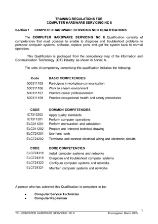 ___________________________________________________________________________________
TR - COMPUTER HARDWARE SERVICING NC II Promulgated March 2005
1
TRAINING REGULATIONS FOR
COMPUTER HARDWARE SERVICING NC II
Section 1 COMPUTER HARDWARE SERVICING NC II QUALIFICATIONS
The COMPUTER HARDWARE SERVICING NC II Qualification consists of
competencies that must possess to enable to diagnose and troubleshoot problems in
personal computer systems, software, replace parts and get the system back to normal
operation.
This Qualification is packaged from the competency map of the Information and
Communication Technology (ICT) Industry as shown in Annex A.
The units of competency comprising this qualification includes the following:
Code BASIC COMPETENCIES
500311105 Participate in workplace communication
500311106 Work in a team environment
500311107 Practice career professionalism
500311108 Practice occupational health and safety procedures
CODE COMMON COMPETENCIES
ICT315202 Apply quality standards
ICT311201 Perform computer operations
ELC311201 Perform mensuration and calculation
ELC311202 Prepare and interpret technical drawing
ELC724201 Use hand tools
ELC724202 Terminate and connect electrical wiring and electronic circuits
CODE CORE COMPETENCIES
ELC724318 Install computer systems and networks
ELC724319 Diagnose and troubleshoot computer systems
ELC724320 Configure computer systems and networks
ELC724321 Maintain computer systems and networks
A person who has achieved this Qualification is competent to be:
 Computer Service Technician
 Computer Repairman
 