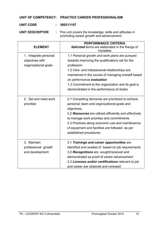 UNIT OF COMPETENCY: PRACTICE CAREER PROFESSIONALISM
UNIT CODE : 500311107
UNIT DESCRIPTOR : This unit covers the knowledge, skills and attitudes in
promoting career growth and advancement.
ELEMENT
PERFORMANCE CRITERIA
Italicized terms are elaborated in the Range of
Variables
1. Integrate personal
objectives with
organizational goals
1.1 Personal growth and work plans are pursued
towards improving the qualifications set for the
profession
1.2 Intra- and interpersonal relationships are
maintained in the course of managing oneself based
on performance evaluation
1.3 Commitment to the organization and its goal is
demonstrated in the performance of duties
2. Set and meet work
priorities
2.1 Competing demands are prioritized to achieve
personal, team and organizational goals and
objectives.
2.2 Resources are utilized efficiently and effectively
to manage work priorities and commitments
2.3 Practices along economic use and maintenance
of equipment and facilities are followed as per
established procedures
3. Maintain
professional growth
and development
3.1 Trainings and career opportunities are
identified and availed of based on job requirements
3.2 Recognitions are sought/received and
demonstrated as proof of career advancement
3.3 Licenses and/or certifications relevant to job
and career are obtained and renewed
TR – COOKERY NC II (Amended) Promulgated October 2014 10
 
