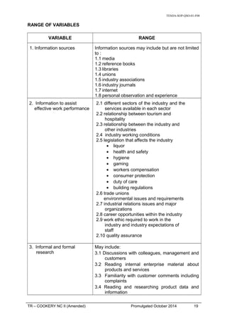 TESDA-SOP-QSO-01-F08
RANGE OF VARIABLES
VARIABLE RANGE
1. Information sources Information sources may include but are not limited
to :
1.1 media
1.2 reference books
1.3 libraries
1.4 unions
1.5 industry associations
1.6 industry journals
1.7 internet
1.8 personal observation and experience
2. Information to assist
effective work performance
2.1 different sectors of the industry and the
services available in each sector
2.2 relationship between tourism and
hospitality
2.3 relationship between the industry and
other industries
2.4 industry working conditions
2.5 legislation that affects the industry
• liquor
• health and safety
• hygiene
• gaming
• workers compensation
• consumer protection
• duty of care
• building regulations
2.6 trade unions
environmental issues and requirements
2.7 industrial relations issues and major
organizations
2.8 career opportunities within the industry
2.9 work ethic required to work in the
industry and industry expectations of
staff
2.10 quality assurance
3. Informal and formal
research
May include:
3.1 Discussions with colleagues, management and
customers
3.2 Reading internal enterprise material about
products and services
3.3 Familiarity with customer comments including
complaints
3.4 Reading and researching product data and
information
TR – COOKERY NC II (Amended) Promulgated October 2014 19
 