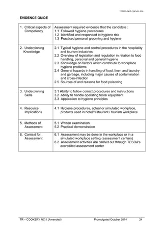 TESDA-SOP-QSO-01-F08
EVIDENCE GUIDE
1. Critical aspects of
Competency
Assessment required evidence that the candidate :
1.1 Followed hygiene procedures
1.2 Identified and responded to hygiene risk
1.3 Practiced personal grooming and hygiene
2. Underpinning
Knowledge
2.1 Typical hygiene and control procedures in the hospitality
and tourism industries
2.2 Overview of legislation and regulation in relation to food
handling, personal and general hygiene
2.3 Knowledge on factors which contribute to workplace
hygiene problems
2.4 General hazards in handling of food, linen and laundry
and garbage, including major causes of contamination
and cross-infection
2.5 Sources of and reasons for food poisoning
3. Underpinning
Skills
3.1 Ability to follow correct procedures and instructions
3.2 Ability to handle operating tools/ equipment
3.3 Application to hygiene principles
4. Resource
Implications
4.1 Hygiene procedures, actual or simulated workplace,
products used in hotel/restaurant / tourism workplace
5. Methods of
Assessment
5.1 Written examination
5.2 Practical demonstration
6. Context for
Assessment
6.1 Assessment may be done in the workplace or in a
simulated workplace setting (assessment centers)
6.2 Assessment activities are carried out through TESDA's
accredited assessment center
TR – COOKERY NC II (Amended) Promulgated October 2014 24
 
