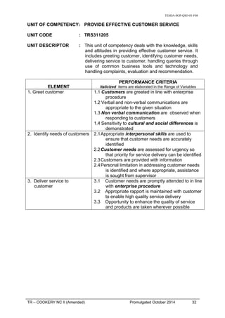 TESDA-SOP-QSO-01-F08
UNIT OF COMPETENCY: PROVIDE EFFECTIVE CUSTOMER SERVICE
UNIT CODE : TRS311205
UNIT DESCRIPTOR : This unit of competency deals with the knowledge, skills
and attitudes in providing effective customer service. It
includes greeting customer, identifying customer needs,
delivering service to customer, handling queries through
use of common business tools and technology and
handling complaints, evaluation and recommendation.
ELEMENT
PERFORMANCE CRITERIA
Italicized items are elaborated in the Range of Variables
1. Greet customer 1.1 Customers are greeted in line with enterprise
procedure
1.2 Verbal and non-verbal communications are
appropriate to the given situation
1.3 Non verbal communication are observed when
responding to customers
1.4 Sensitivity to cultural and social differences is
demonstrated
2. Identify needs of customers 2.1Appropriate interpersonal skills are used to
ensure that customer needs are accurately
identified
2.2Customer needs are assessed for urgency so
that priority for service delivery can be identified
2.3Customers are provided with information
2.4Personal limitation in addressing customer needs
is identified and where appropriate, assistance
is sought from supervisor
3. Deliver service to
customer
3.1 Customer needs are promptly attended to in line
with enterprise procedure
3.2 Appropriate rapport is maintained with customer
to enable high quality service delivery
3.3 Opportunity to enhance the quality of service
and products are taken wherever possible
TR – COOKERY NC II (Amended) Promulgated October 2014 32
 