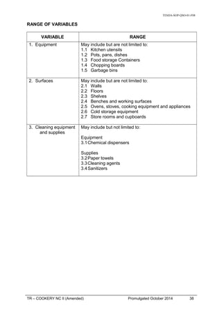TESDA-SOP-QSO-01-F08
RANGE OF VARIABLES
VARIABLE RANGE
1. Equipment May include but are not limited to:
1.1 Kitchen utensils
1.2 Pots, pans, dishes
1.3 Food storage Containers
1.4 Chopping boards
1.5 Garbage bins
2. Surfaces May include but are not limited to:
2.1 Walls
2.2 Floors
2.3 Shelves
2.4 Benches and working surfaces
2.5 Ovens, stoves, cooking equipment and appliances
2.6 Cold storage equipment
2.7 Store rooms and cupboards
3. Cleaning equipment
and supplies
May include but not limited to:
Equipment
3.1Chemical dispensers
Supplies
3.2Paper towels
3.3Cleaning agents
3.4Sanitizers
TR – COOKERY NC II (Amended) Promulgated October 2014 38
 