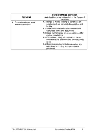 ELEMENT
PERFORMANCE CRITERIA
Italicized terms are elaborated in the Range of
Variables
4. Complete relevant work
related documents
4.1 Range of forms relating to conditions of
employment are completed accurately and
legibly
4.2 Workplace data is recorded on standard
workplace forms and documents
4.3 Basic mathematical processes are used for
routine calculations
4.4 Errors in recording information on forms/
documents are identified and properly acted
upon
4.5 Reporting requirements to supervisor are
completed according to organizational
guidelines
TR – COOKERY NC II (Amended) Promulgated October 2014 3
 