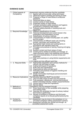 TESDA-SOP-QSO-01-F08
EVIDENCE GUIDE
1. Critical aspects of
Competency
Assessment requires evidences that the candidate:
1.1 Applied safe and accurate cutting techniques
1.2 Observed hygienic handling and storing of meat
1.3 Prepared a range of meat dishes to enterprise
standards
1.4 Performed Mise en place
1.5 Cooked variety of meat dishes
1.6 Presented variety of meat dishes
1.7 Followed workplace safety practices and hygienic
procedures in preparing meat dishes
1.8 Followed safety practices in handling tools and
equipment
2. Required Knowledge 2.1 Different classifications of meats
2.2 Historical development and current trends in the
preparation and presentation of meat
2.3 Classification of culinary methods
2.4 Characteristics of meats including type, cut, quality
and fat content
2.5 Characteristics of different meat cuts including
primary, secondary and portioned cuts
2.6 Appropriate trade names and cooking terms in
accordance with standard meat cuts
2.7 Principles and practices of storing, freezing and aging
of meats
2.8 Nutrition content and food values of meat
2.9 Cooking terms related to handling and storage of
meat commonly used in the enterprise and industry
2.10 Uses and characteristics of various knives and
equipment
2.11 Safe work practices on using kitchen equipments and
tools
2.12 Logical and time efficient work flow
3 3. Required Skills 3.1 Appropriate preparation and culinary methods for
various cuts and types of meat
3.2 Cutting techniques of ingredients
3.3 Knife care and maintenance
3.4 Organizational skills and teamwork
3.5 Principles and practices of hygienic handling and
storage of meat
3.6 Waste minimization techniques and environment-
friendly disposal
4. Resource Implications The following resources MUST be provided
4.1 Use of a wide range of meat cuts and products.
4.2 Fully-equipped, operational, commercial/intuitional
kitchen (including industry- modern equipment/tools)
4.3 Various type of meat and ingredients
4.4 Service wares
5. Methods of
Assessment
Competency may be assessed through:
5.1 Direct observation of the candidate while preparing
and cooking meat
5.2 Interview the candidate the type of culinary method
that he/she is performing
5.3 Review of portfolios of evidence and third party
workplace reports of on-the-job performance by the
candidate
6. Context for
Assessment
6.1 Assessment may be done in the workplace or in a
simulated workplace setting (assessment centers)
6.2 Assessment activities are carried out through an
accredited assessment center
TR – COOKERY NC II (Amended) Promulgated October 2014 54
 