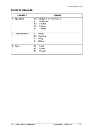 TESDA-SOP-QSO-01-F08
RANGE OF VARIABLES
VARIABLE RANGE
1. Egg dishes May include but are not limited to:
1.1 Omelettes
1.2 Soufflés
1.3 Frittatas
1.4 Terrines
2. Cooking method 2.1 Boiling
2.2 Poaching
2.3 Frying
2.4 Baking
3. Eggs 3.3 Fresh
3.4 Frozen
3.5 Powder
TR – COOKERY NC II (Amended) Promulgated October 2014 59
 