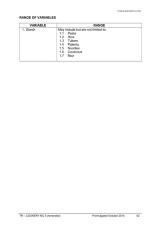 TESDA-SOP-QSO-01-F08
RANGE OF VARIABLES
VARIABLE RANGE
1. Starch May include but are not limited to:
1.1 Pasta
1.2 Rice
1.3 Tubers
1.4 Polenta
1.5 Noodles
1.6 Couscous
1.7 flour
TR – COOKERY NC II (Amended) Promulgated October 2014 62
 