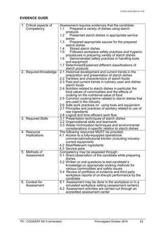 TESDA-SOP-QSO-01-F08
EVIDENCE GUIDE
1. Critical aspects of
Competency
Assessment requires evidences that the candidate:
1.1 Prepared a variety of dishes using starch
products
1.2 Presented starch dishes in appropriate service
wares
1.3 Prepared appropriate sauces for the prepared
starch dishes
1.4 Stored starch dishes
1.5 Followed workplace safety practices and hygienic
procedures in preparing variety of starch dishes
1.6 Demonstrated safety practices in handling tools
and equipment
1.7 Determined/Explained different classifications of
starch products
2. Required Knowledge 2.1 Historical development and current trends in the
preparation and presentation of starch dishes
2.2 Varieties and characteristics of starch foods
2.3 Past and current trends in culinary uses and dishes
starch foods
2.4 Nutrition related to starch dishes in particular the
food values of commodities and the effects of
cooking on the nutritional value of food
2.5 Common cooking terms related to starch dishes that
are used in the industry
2.6 Safe work practices on using tools and equipment
2.7 Principles and practices of sanitary related to use of
raw ingredients
2.8 Logical and time efficient work flow
3. Required Skills 3.1 Presentation techniques of starch dishes
3.2 Organizational skills and teamwork
3.3 Waste minimization techniques and environmental
considerations in specific relation to starch dishes
4. Resource
Implications
The following resources MUST be provided:
4.1 Access to a fully-equipped operational
commercial/institutional kitchen (including industry-
current equipment)
4.2 Real/Relevant ingredients
4.3 Service ware
5. Methods of
Assessment
Competency may be assessed through :
5.1 Direct observation of the candidate while preparing
dishes
5.2 Written or oral questions to test candidate’s
knowledge on appropriate cooking methods for
various commodities and safety issues
5.4 Review of portfolios of evidence and third party
workplace reports of on-the-job performance by the
candidate
6. Context for
Assessment
6.1 Assessment may be done in the workplace or in a
simulated workplace setting (assessment centers)
6.2 Assessment activities are carried out through an
accredited assessment center
TR – COOKERY NC II (Amended) Promulgated October 2014 63
 