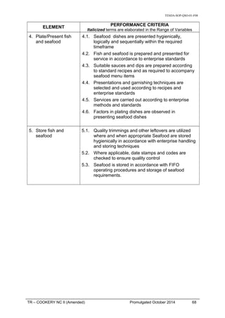 TESDA-SOP-QSO-01-F08
ELEMENT
PERFORMANCE CRITERIA
Italicized terms are elaborated in the Range of Variables
4. Plate/Present fish
and seafood
4.1. Seafood dishes are presented hygienically,
logically and sequentially within the required
timeframe
4.2. Fish and seafood is prepared and presented for
service in accordance to enterprise standards
4.3. Suitable sauces and dips are prepared according
to standard recipes and as required to accompany
seafood menu items
4.4. Presentations and garnishing techniques are
selected and used according to recipes and
enterprise standards
4.5. Services are carried out according to enterprise
methods and standards
4.6. Factors in plating dishes are observed in
presenting seafood dishes
5. Store fish and
seafood
5.1. Quality trimmings and other leftovers are utilized
where and when appropriate Seafood are stored
hygienically in accordance with enterprise handling
and storing techniques
5.2. Where applicable, date stamps and codes are
checked to ensure quality control
5.3. Seafood is stored in accordance with FIFO
operating procedures and storage of seafood
requirements.
TR – COOKERY NC II (Amended) Promulgated October 2014 68
 
