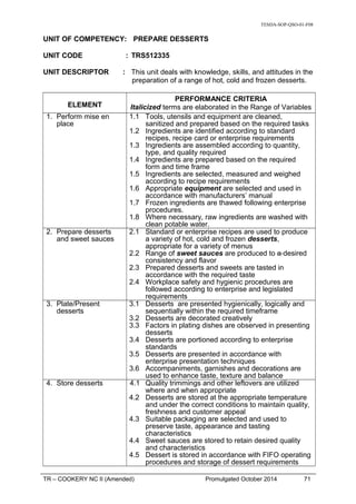 TESDA-SOP-QSO-01-F08
UNIT OF COMPETENCY: PREPARE DESSERTS
UNIT CODE : TRS512335
UNIT DESCRIPTOR : This unit deals with knowledge, skills, and attitudes in the
preparation of a range of hot, cold and frozen desserts.
ELEMENT
PERFORMANCE CRITERIA
Italicized terms are elaborated in the Range of Variables
1. Perform mise en
place
1.1 Tools, utensils and equipment are cleaned,
sanitized and prepared based on the required tasks
1.2 Ingredients are identified according to standard
recipes, recipe card or enterprise requirements
1.3 Ingredients are assembled according to quantity,
type, and quality required
1.4 Ingredients are prepared based on the required
form and time frame
1.5 Ingredients are selected, measured and weighed
according to recipe requirements
1.6 Appropriate equipment are selected and used in
accordance with manufacturers’ manual
1.7 Frozen ingredients are thawed following enterprise
procedures.
1.8 Where necessary, raw ingredients are washed with
clean potable water.
2. Prepare desserts
and sweet sauces
2.1 Standard or enterprise recipes are used to produce
a variety of hot, cold and frozen desserts,
appropriate for a variety of menus
2.2 Range of sweet sauces are produced to a desired
consistency and flavor
2.3 Prepared desserts and sweets are tasted in
accordance with the required taste
2.4 Workplace safety and hygienic procedures are
followed according to enterprise and legislated
requirements
3. Plate/Present
desserts
3.1 Desserts are presented hygienically, logically and
sequentially within the required timeframe
3.2 Desserts are decorated creatively
3.3 Factors in plating dishes are observed in presenting
desserts
3.4 Desserts are portioned according to enterprise
standards
3.5 Desserts are presented in accordance with
enterprise presentation techniques
3.6 Accompaniments, garnishes and decorations are
used to enhance taste, texture and balance
4. Store desserts 4.1 Quality trimmings and other leftovers are utilized
where and when appropriate
4.2 Desserts are stored at the appropriate temperature
and under the correct conditions to maintain quality,
freshness and customer appeal
4.3 Suitable packaging are selected and used to
preserve taste, appearance and tasting
characteristics
4.4 Sweet sauces are stored to retain desired quality
and characteristics
4.5 Dessert is stored in accordance with FIFO operating
procedures and storage of dessert requirements
TR – COOKERY NC II (Amended) Promulgated October 2014 71
 