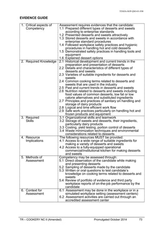 TESDA-SOP-QSO-01-F08
EVIDENCE GUIDE
1. Critical aspects of
Competency
Assessment requires evidences that the candidate:
1.1 Prepared different types of desserts and sweets
according to enterprise standards
1.2 Presented desserts and sweets attractively
1.3 Stored desserts and sweets in accordance with
enterprise standard procedures
1.4 Followed workplace safety practices and hygienic
procedures in handling hot and cold desserts
1.5 Demonstrated safety practices in handling tools and
equipment
1.6 Explained dessert options
2. Required Knowledge 2.1 Historical development and current trends in the
preparation and presentation of desserts
2.2 Details and characteristics of different types of
desserts and sweets
2.3 Varieties of suitable ingredients for desserts and
sweets
2.4 Common cooking terms related to desserts and
sweets that are used in the industry
2.5 Past and current trends in desserts and sweets
2.6 Nutrition related to desserts and sweets including
food values of common desserts, low fat or low
calorie alternatives and substituted ingredients
2.7 Principles and practices of sanitary on handling and
storage of dairy products
2.8 Logical and time efficient work flow
2.9 Safe work practices particularly on handling hot and
frozen products and equipment
3. Required
Skills
3.1 Organizational skills and teamwork
3.2 Storage of sweets and desserts, their ingredients,
particularly dairy products
3.3 Costing, yield testing, portion control of desserts
3.4 Waste minimization techniques and environmental
considerations related to desserts
4. Resource
Implications
The following resources MUST be provided:
4.1 Access to a wide range of suitable ingredients for
making a variety of desserts and sweets
4.2 Access to a fully-equipped operational
commercial/institutional kitchen for making desserts
and sweets
5. Methods of
Assessment
Competency may be assessed through:
5.1 Direct observation of the candidate while making
and presenting desserts
5.2 Sampling of desserts made by the candidate
5.3 Written or oral questions to test candidate’s
knowledge on cooking terms related to desserts and
sweets
5.4 Review of portfolio of evidence and third party
workplace reports of on-the-job performance by the
candidate
6. Context for
Assessment
6.1 Assessment may be done in the workplace or in a
simulated workplace setting (assessment centers)
6.2 Assessment activities are carried out through an
accredited assessment center
TR – COOKERY NC II (Amended) Promulgated October 2014 73
 