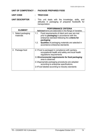 TESDA-SOP-QSO-01-F08
UNIT OF COMPETENCY : PACKAGE PREPARED FOOD
UNIT CODE : TRS512340
UNIT DESCRIPTOR : This unit deals with the knowledge, skills, and
attitudes in packaging of prepared foodstuffs for
transportation.
ELEMENT
PERFORMANCE CRITERIA
Italicized terms are elaborated in the Range of Variables
1. Select packaging
materials
1.1. Food requirements of client and user are met
prior to packaging in accordance with the
enterprise standard following the criteria for
packaging
1.2. Qualities of packaging materials are selected in
accordance enterprise standards
2. Package food 2.1Food is packaged in compliance with sanitary,
occupational health and safety and local health
regulations requirements
2.2Environmental requirements for food packaging
area is observed
2.3Appropriate packaging procedures are adopted
according to enterprise specifications
2.4Food labeled according to industry standards
TR – COOKERY NC II (Amended) Promulgated October 2014 74
 