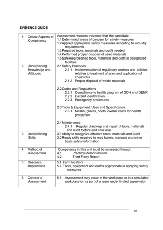 ____________________________________________________________________________
18
EVIDENCE GUIDE
1. Critical Aspects of
Competency
Assessment requires evidence that the candidate:
1.1Determined areas of concern for safety measures
1.2Applied appropriate safety measures according to industry
requirements
1.3Prepared tools, materials and outfit needed
1.4Performed proper disposal of used materials
1.5Safekeep/cleaned tools, materials and outfit in designated
facilities
2. Underpinning
Knowledge and
Attitudes
2.1Safety Practices
2.1.1 Implementation of regulatory controls and policies
relative to treatment of area and application of
chemicals
2.1.2 Proper disposal of waste materials
2.2Codes and Regulations
2.2.1 Compliance to health program of DOH and DENR
2.2.2 Hazard identification
2.2.3 Emergency procedures
2.3Tools & Equipment: Uses and Specification
2.3.1 Masks, gloves, boots, overall coats for health
protection
2.4Maintenance
2.4.1 Regular check-up and repair of tools, materials
and outfit before and after use
3. Underpinning
Skills
3.1Ability to recognize effective tools, materials and outfit
3.2Ready skills required to read labels, manuals and other
basic safety information
4. Method of
Assessment
Competency in this unit must be assessed through:
4.1 Practical demonstration
4.2 Third Party Report
5. Resource
Implications
5.1 Farm location
5.2 Tools, equipment and outfits appropriate in applying safety
measures
6. Context of
Assessment
6.1 Assessment may occur in the workplace or in a simulated
workplace or as part of a team under limited supervision
 