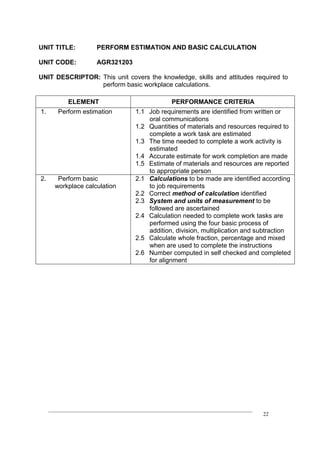 ____________________________________________________________________________
22
UNIT TITLE: PERFORM ESTIMATION AND BASIC CALCULATION
UNIT CODE: AGR321203
UNIT DESCRIPTOR: This unit covers the knowledge, skills and attitudes required to
perform basic workplace calculations.
ELEMENT PERFORMANCE CRITERIA
1. Perform estimation 1.1 Job requirements are identified from written or
oral communications
1.2 Quantities of materials and resources required to
complete a work task are estimated
1.3 The time needed to complete a work activity is
estimated
1.4 Accurate estimate for work completion are made
1.5 Estimate of materials and resources are reported
to appropriate person
2. Perform basic
workplace calculation
2.1 Calculations to be made are identified according
to job requirements
2.2 Correct method of calculation identified
2.3 System and units of measurement to be
followed are ascertained
2.4 Calculation needed to complete work tasks are
performed using the four basic process of
addition, division, multiplication and subtraction
2.5 Calculate whole fraction, percentage and mixed
when are used to complete the instructions
2.6 Number computed in self checked and completed
for alignment
 