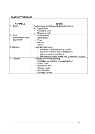 ____________________________________________________________________________
26
RANGE OF VARIABLES
VARIABLE SCOPE
1. Tools Tools include the following but is not limited to:
 Digging tools
 Harvesting tools
 Measuring tools
2. Farm
implements/Simple
equipment
 Water pumps
 Hand tractor
 Plow
 Harrow
 Sprayer
3. Hazards Hazards may include:
 Presence of wildlife in the workplace
 Exposure to fumes and solar radiation
 Adverse weather conditions
 Hazardous substances like fuel, grease and oil spills
4. Facilities Facilities include the following:
 Plant Nursery including propagating shed
 Pump house
 Mechanical drier
 Storage house
 Machine shed
 Drainage system
 