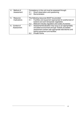 ____________________________________________________________________________
45
4. Method of
Assessment
Competency in this unit must be assessed through:
4.1 Direct observation and questioning
4.2 Demonstration
5. Resource
Implications
The following resources MUST be provided:
5.1 Facilities and equipment appropriate for postharvest of
lowland and semi-temperate vegetables
5.2 Relevant industry regulation and codes of practice
6. Context of
Assessment
6.1 Assessment/evaluation may occur in an appropriately
simulated environment through TESDA accredited
assessment centers with appropriate laboratories and
testing equipment and facilities
6.2 Private Farms
 