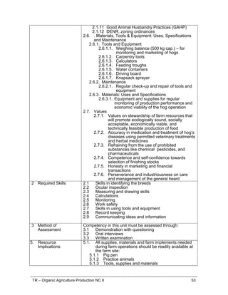 TR – Organic Agriculture Production NC II 53
2.1.11 Good Animal Husbandry Practices (GAHP)
2.1.12 DENR, zoning ordinances
2.6. . Materials, Tools & Equipment: Uses, Specifications
and Maintenance
2.6.1. Tools and Equipment
2.6.1.1. Weighing balance (500 kg cap.) – for
monitoring and marketing of hogs
2.6.1.2. Carpentry tools
2.6.1.3. Calculators
2.6.1.4. Feeding troughs
2.6.1.5. Water containers
2.6.1.6. Driving board
2.6.1.7. Knapsack sprayer
2.6.2. Maintenance
2.6.2.1. Regular check-up and repair of tools and
equipment
2.6.3. Materials: Uses and Specifications
2.6.3.1. Equipment and supplies for regular
monitoring of production performance and
economic viability of the hog operation
2.7. Values
2.7.1. Values on stewardship of farm resources that
will promote ecologically sound, socially
acceptable, economically viable, and
technically feasible production of food
2.7.2. Accuracy in medication and treatment of hog’s
diseases using permitted veterinary treatments
and herbal medicines
2.7.3. Refraining from the use of prohibited
substances like chemical pesticides, and
pharmaceuticals
2.7.4. Competence and self-confidence towards
selection of finishing stocks
2.7.5. Honesty in marketing and financial
transactions
2.7.6. Perseverance and industriousness on care
and management of the general heard
2 Required Skills 2.1 Skills in identifying the breeds
2.2 Ocular inspection
2.3 Measuring and drawing skills
2.4 Calculations
2.5 Monitoring
2.6 Work safety
2.7 Skills in using tools and equipment
2.8 Record keeping
2.9 Communicating ideas and information
3 Method of
Assessment
Competency in this unit must be assessed through:
3.1 Demonstration with questioning
3.2 Oral interviews
3.3 Written examination
5. Resource
Implications
5.1. All supplies, materials and farm implements needed
during farm operations should be readily available at
the farm site:
5.1.1 Pig pen
5.1.2 Practice animals
5.1.3 Tools, supplies and materials
 
