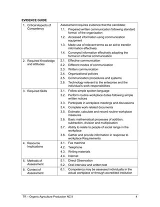 TR – Organic Agriculture Production NC II 3
RANGE OF VARIABLES
VARIABLE RANGE
1. Appropriate sources 1.1. Team members
1.2. Suppliers
1.3. Trade personnel
1.4. Local government
1.5. Industry bodies
2. Medium 2.1. Memorandum
2.2. Circular
2.3. Notice
2.4. Information discussion
2.5. Follow-up or verbal instructions
2.6. Face to face communication
3. Storage 3.1. Manual filing system
3.2. Computer-based filing system
4. Forms 4.1. Personnel forms, telephone message forms,
safety reports
5. Workplace interactions 5.1. Face to face
5.2. Telephone
5.3. Electronic and two way radio
5.4. Written including electronic, memos, instruction
and forms, non-verbal including gestures,
signals, signs and diagrams
6. Protocols 6.1. Observing meeting
6.2. Compliance with meeting decisions
6.3. Obeying meeting instructions
 