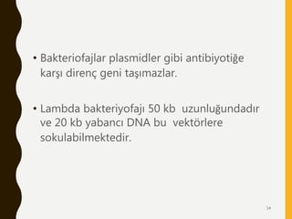 • Bakteriofajlar plasmidler gibi antibiyotiğe
karşı direnç geni taşımazlar.
• Lambda bakteriyofajı 50 kb uzunluğundadır
ve 20 kb yabancı DNA bu vektörlere
sokulabilmektedir.
14
 