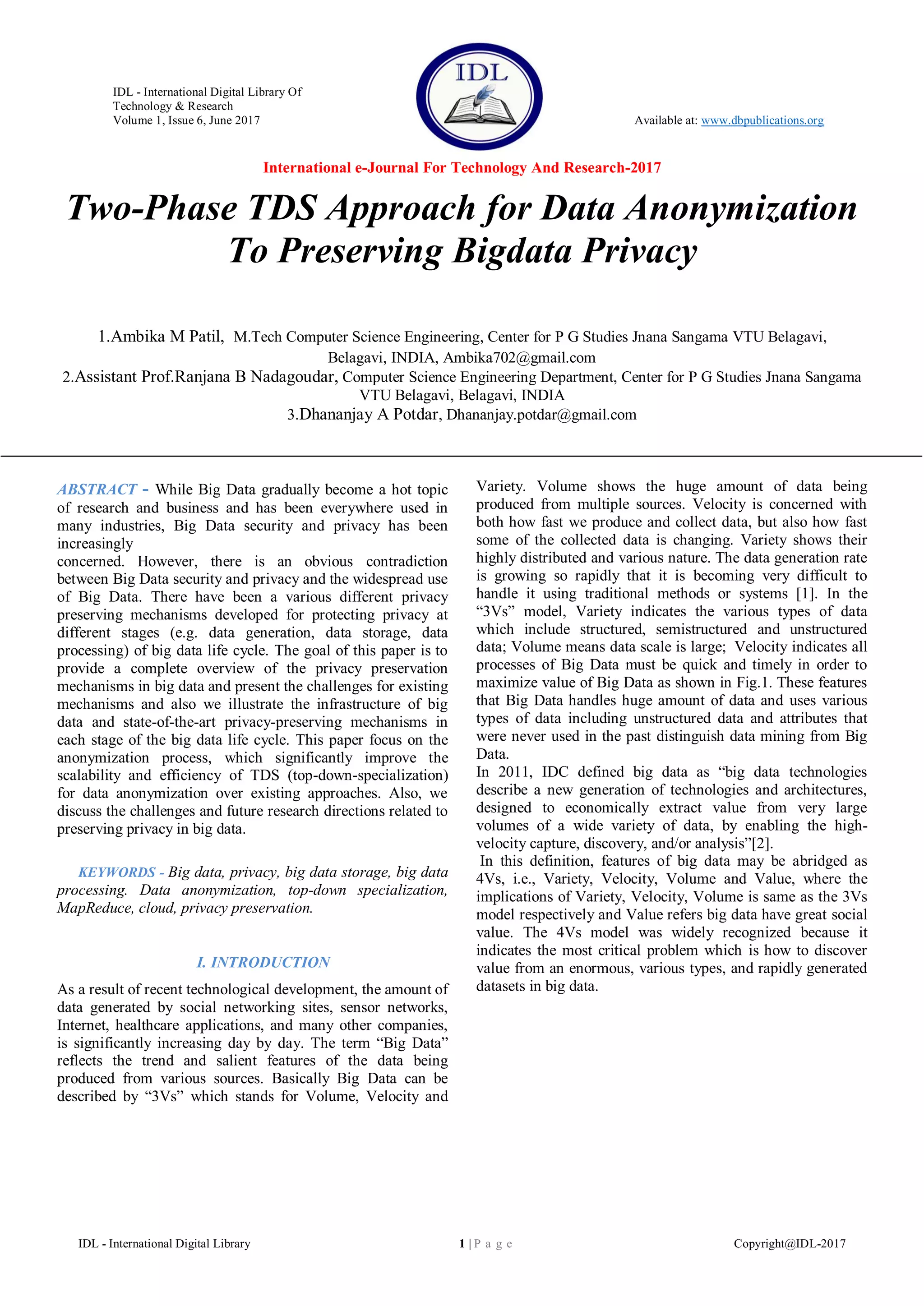 Two-Phase TDS Approach for Data Anonymization To Preserving Bigdata ...