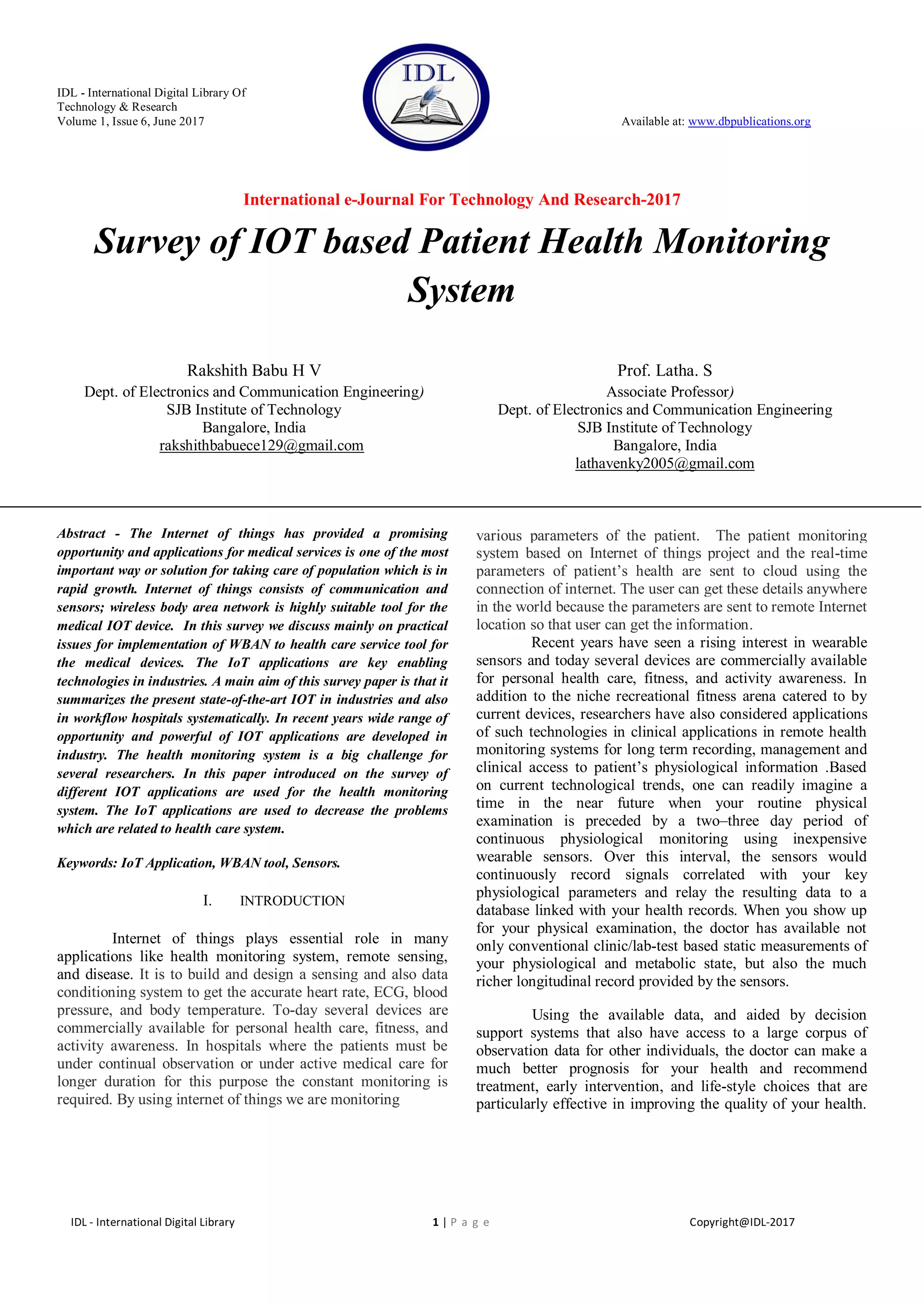 Survey of IOT based Patient Health Monitoring System | PDF