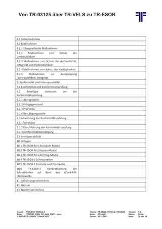 Von TR-03125 über TR-VELS zu TR-ESOR



8.1 Sicherheitsziele
8.2 Maßnahmen
8.2.1 Übergreifende Maßnahmen
8.2.2     Maßnahmen         zum       Schutz     der
Vertraulichkeit
8.2.3 Maßnahmen zum Schutz der Authentizität,
Integrität und Verbindlichkeit
8.2.4 Maßnahmen zum Schutz der Verfügbarkeit
8.2.5     Maßnahmen          zur       Autorisierung
(Vertraulichkeit, Integrität
9. Konformität und Interoperabilität
9.1 Konformität und Konformitätsprüfung
9.2    Beteiligte   Instanzen              bei   der
Konformitätsprüfung
9.2.1 Antragsteller
9.2.2 Prüfgegenstand
9.2.3 Prüfstelle
9.2.4 Bestätigungsstelle
9.3 Abwicklung der Konformitätsprüfung
9.3.1 Vorphase
9.3.2 Durchführung der Konformitätsprüfung
9.3.3 Konformitätsbestätigung
9.4 Interoperabilität
10. Anlagen
10.1 TR-ESOR-M.1 ArchiSafe-Modul
10.2 TR-ESOR-M.2 Krypto-Modul
10.3 TR-ESOR-M.3 ArchiSig-Modul
10.4 TR-ESOR-S Schnittstellen
10.5 TR-ESOR-F Formate und Protokolle
10.6      TR-ESOR-E       Konkretisierung der
Schnittstellen auf       Basis des eCard-API-
Frameworks
11. Abkürzungsverzeichnis
12. Glossar
13. Quellenverzeichnis




Kunde: PROJECT CONSULT                                 Thema: TR-03125, TR-VELS, TR-ESOR   Version:   1.0
Datei:  TR03125_XING_Kff_AgW_082011.docx               Autor: Kff, AgW                     Status:    Fertig
© PROJECT CONSULT GmbH 2011                            Datum: 26.10.2011                   Seite:     18 von 19
 