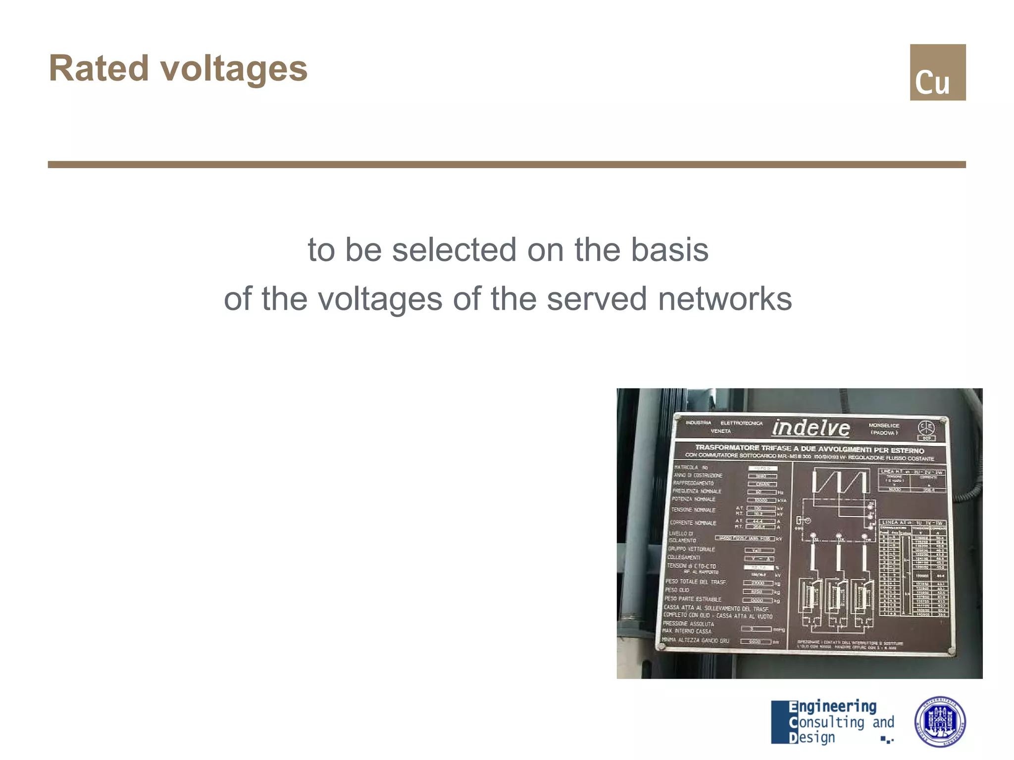 Rated voltages
to be selected on the basis
of the voltages of the served networks
 